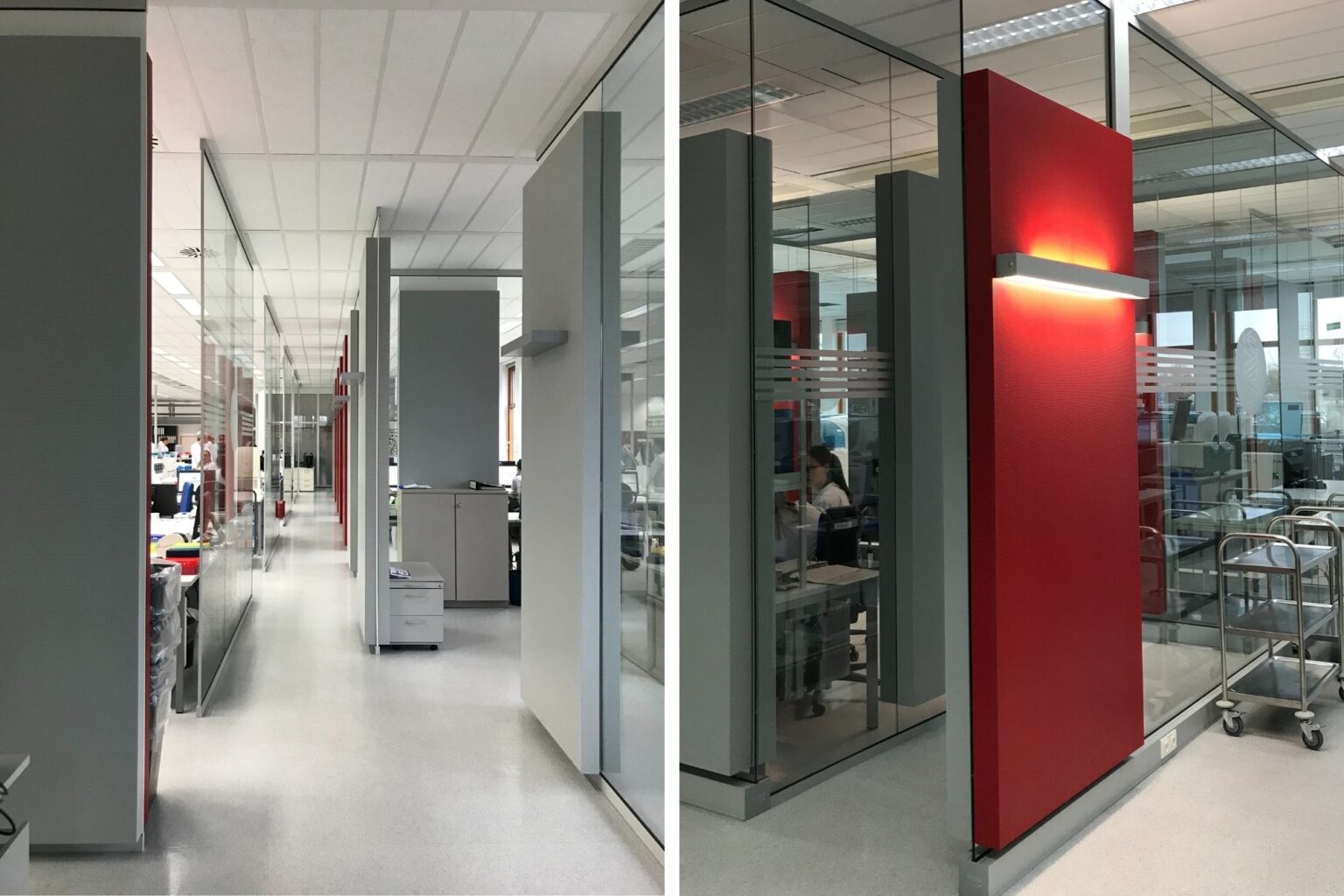 Laborfläche mit besonderem Fokus auf Akustiklösung unter Einhaltung der Labornormen umgesetzt durch b connect