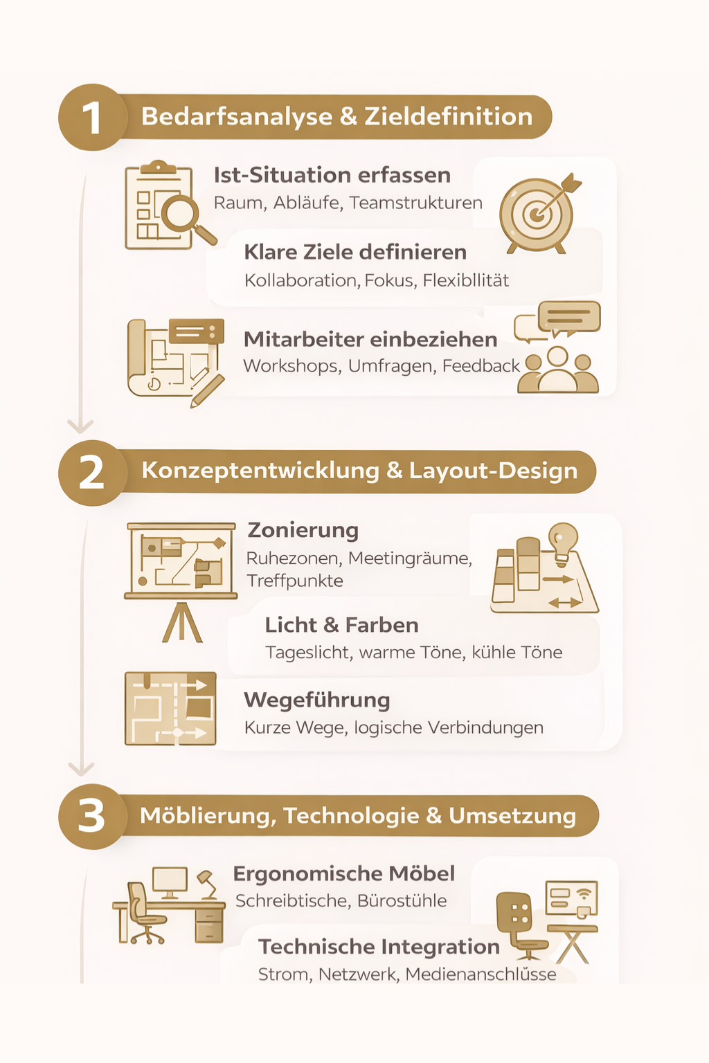 Infografik mit Schritt für Schritt Leitfaden für Büroplanung