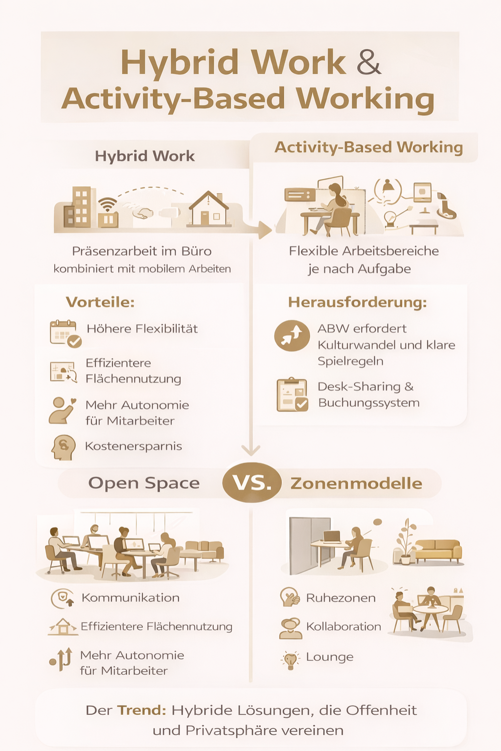 Infografik zu Open Space Büros und Zonenmodellen für konzentriertes und hybrides Arbeiten